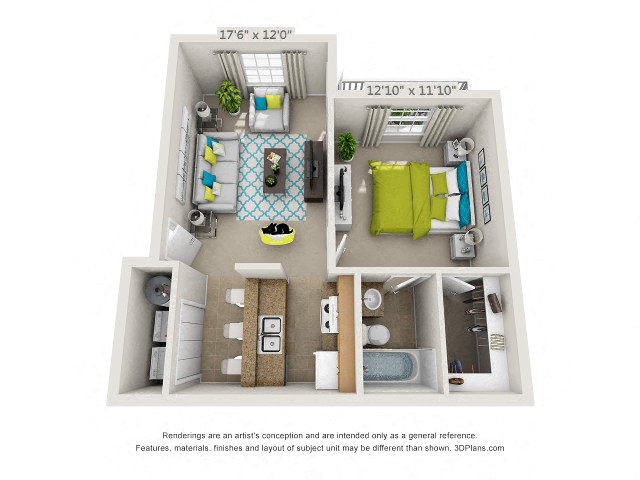 Floor plan for 1 bed, 1 bath, 650 sqft